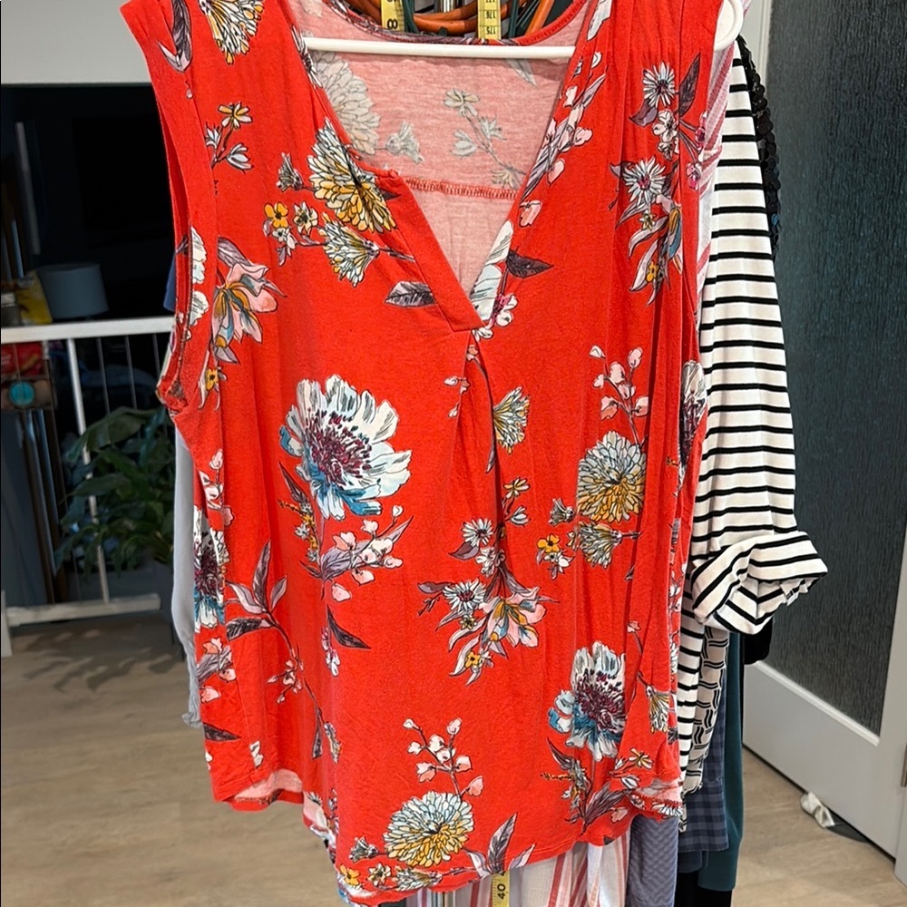 Orange and White Floral Sleeveless Blouse